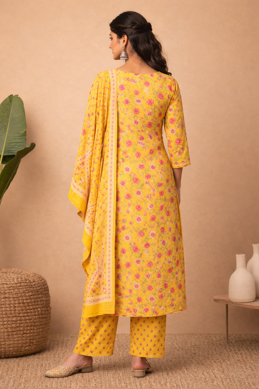 Mustard yellow cotton floral printed kurta pant set with dupatta