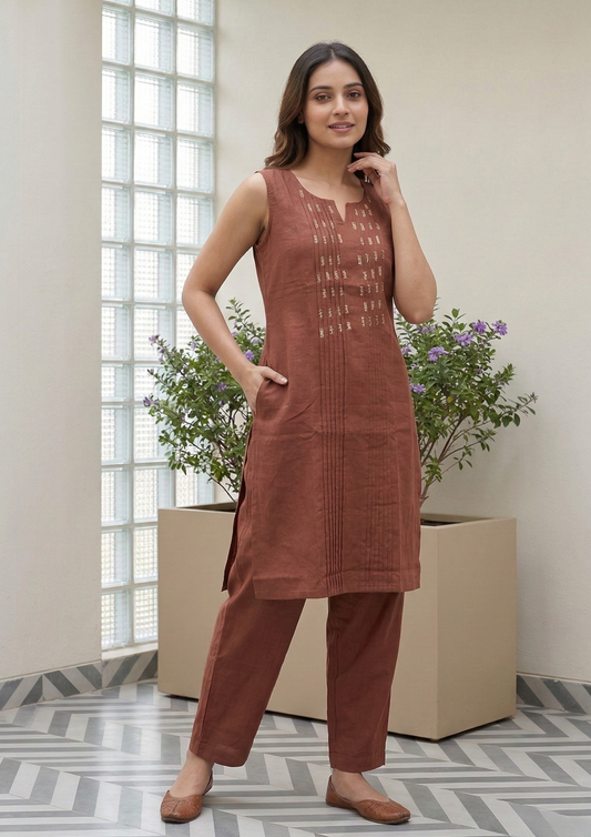 Rust orange cotton kurta pant set with subtle thread embroidery