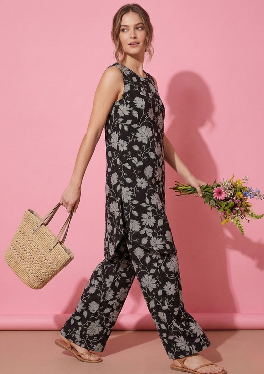 Black cotton kurta pant set with white floral print