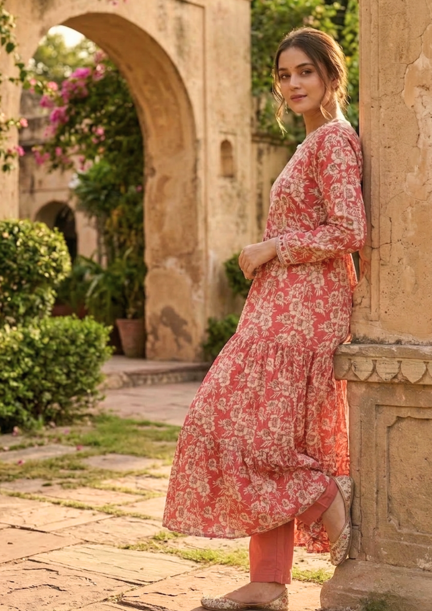 Red cotton kurta with elegant beige floral print pattern