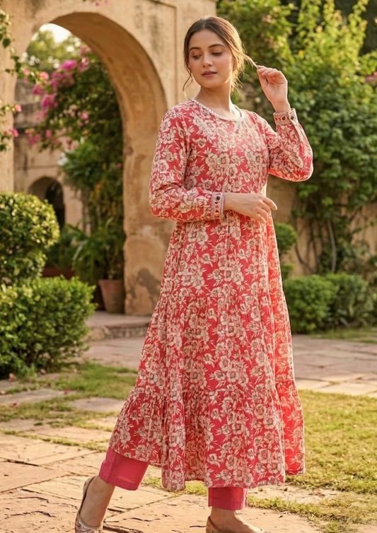 Red cotton kurta with elegant beige floral print pattern
