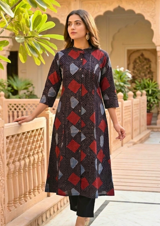 Black cotton kurta with red blue geometric printed contemporary design pattern