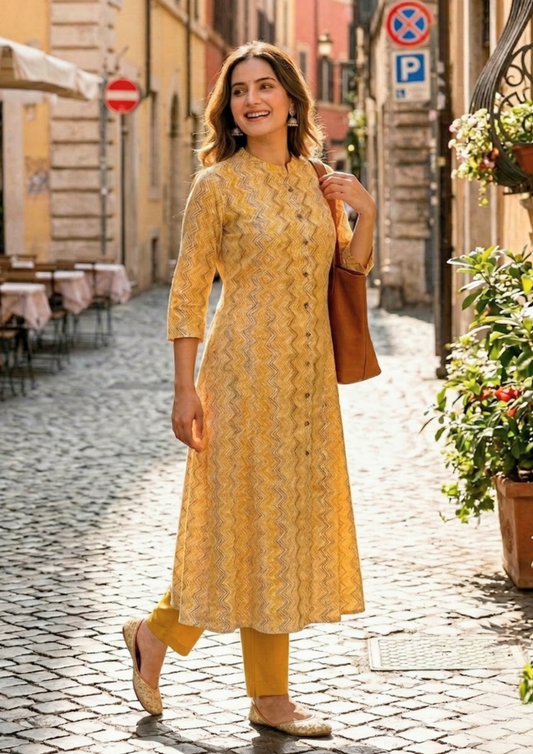 Mustard yellow cotton kurta with olive zigzag printed contemporary pattern design