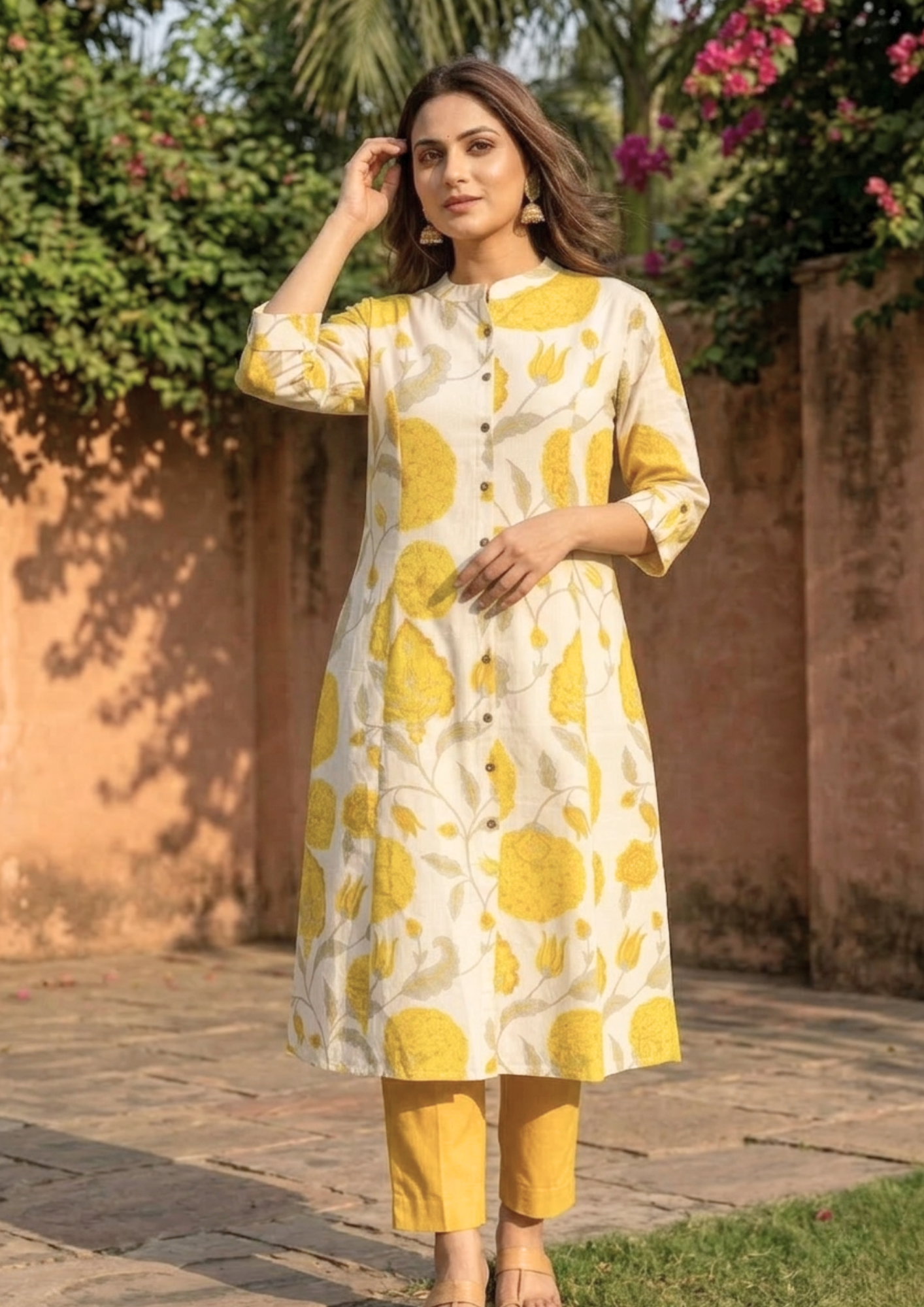 Off-white khadi cotton kurta with yellow floral printed contemporary design