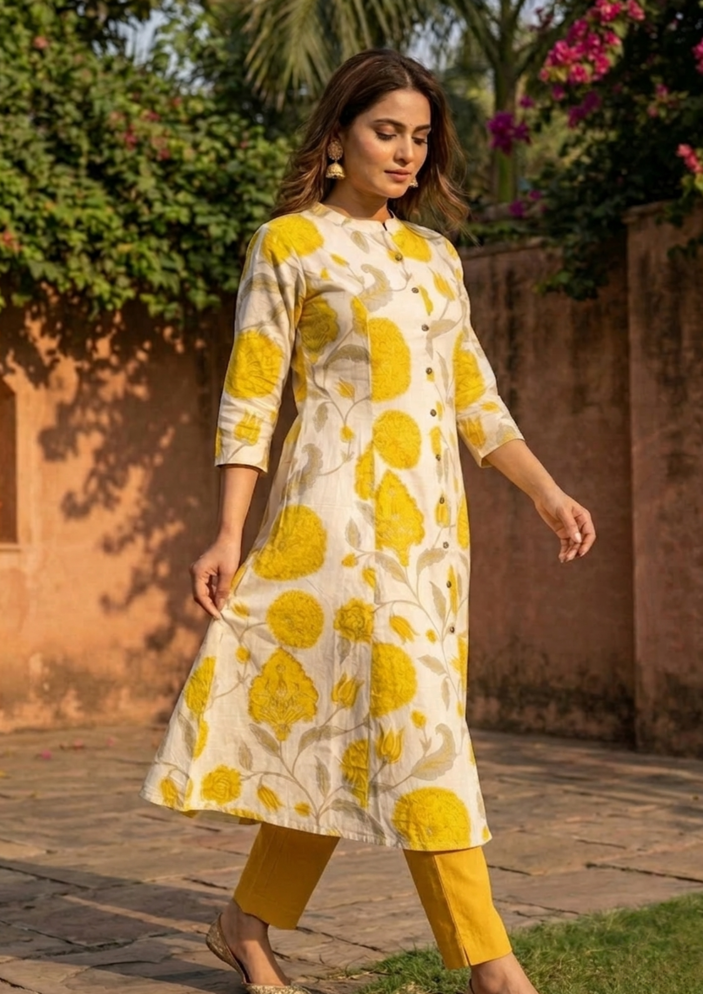 Off-white khadi cotton kurta with yellow floral printed contemporary design