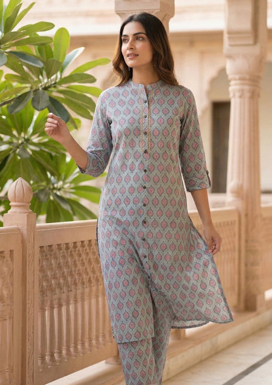 Teal cotton kurta with pink traditional buta printed pattern design