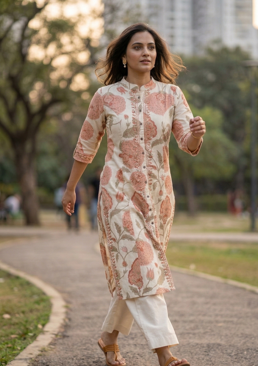 Beige khadi cotton kurta with rust floral printed elegant traditional pattern