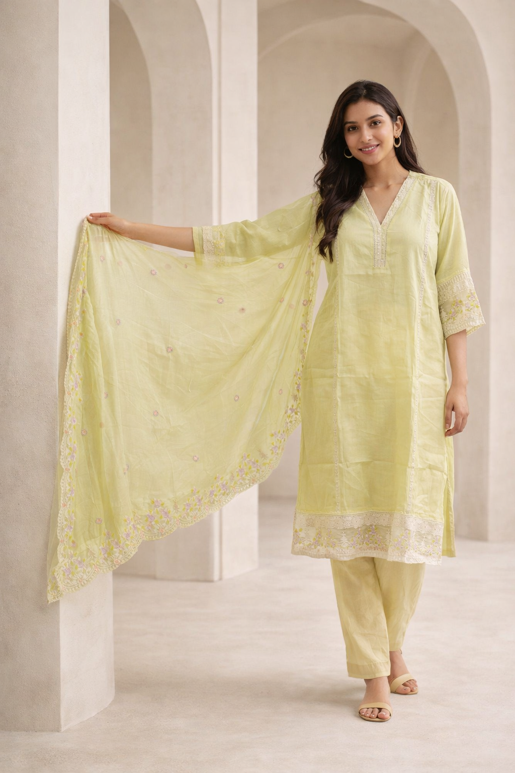 Pastel green silk embroidered kurta pant set with dupatta