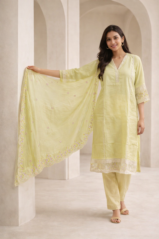 Pastel green silk embroidered kurta pant set with dupatta