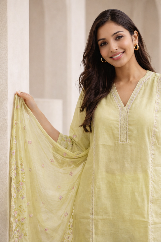 Pastel green silk embroidered kurta pant set with dupatta
