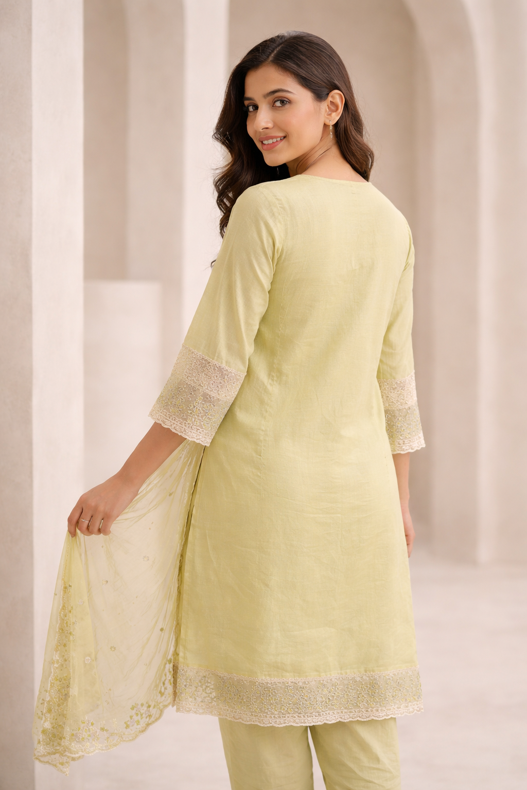 Pastel green silk embroidered kurta pant set with dupatta