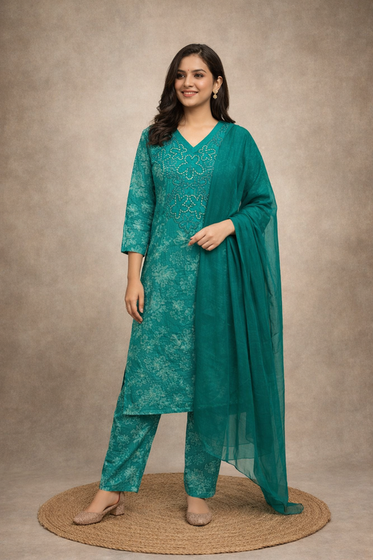 Teal green cotton kurta pant set with lightweight chiffon dupatta