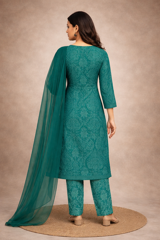 Teal green cotton kurta pant set with lightweight chiffon dupatta