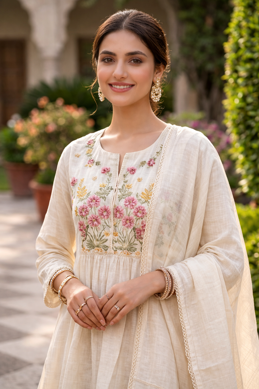 Ivory Malmal Embroidered Kurta and Straight Pant with dupatta