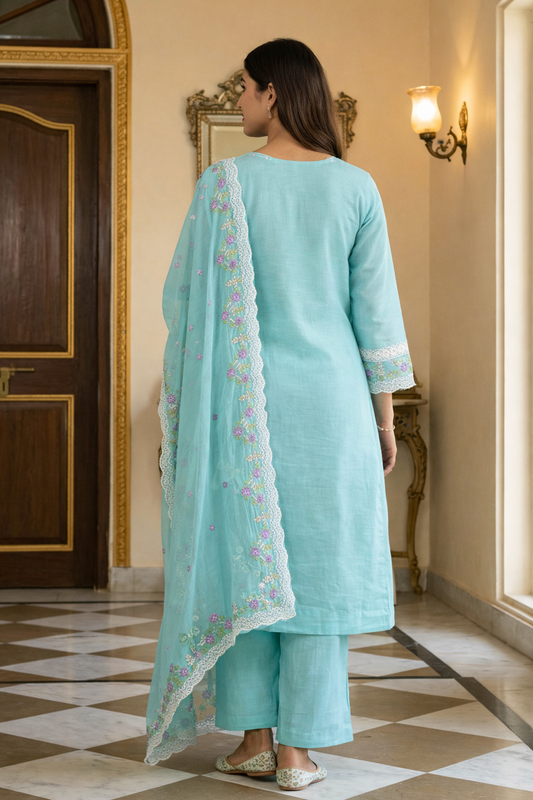 Sea Green Organza Embroidered Kurta pant Set with Dupatta