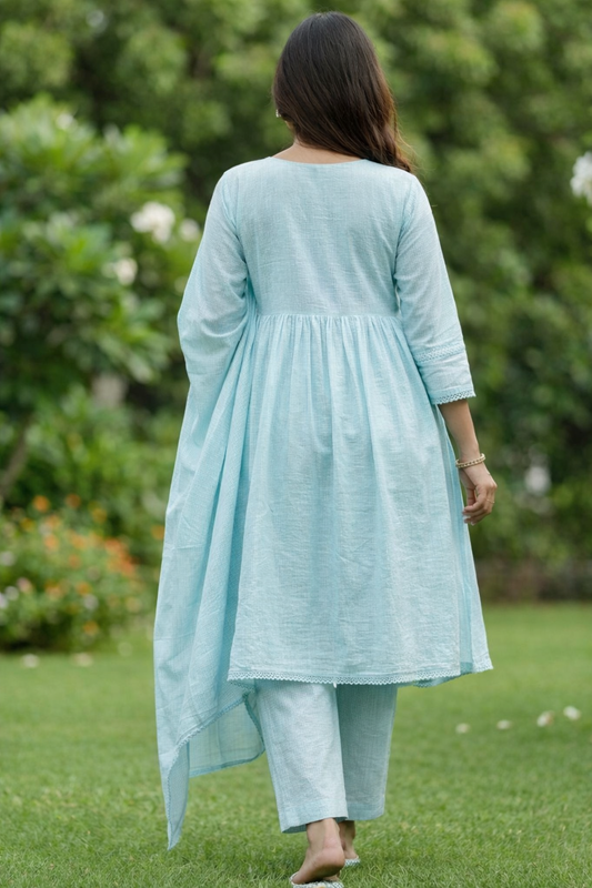 Pastel Blue malmal Embroidered Kurta pant Set with Dupatta