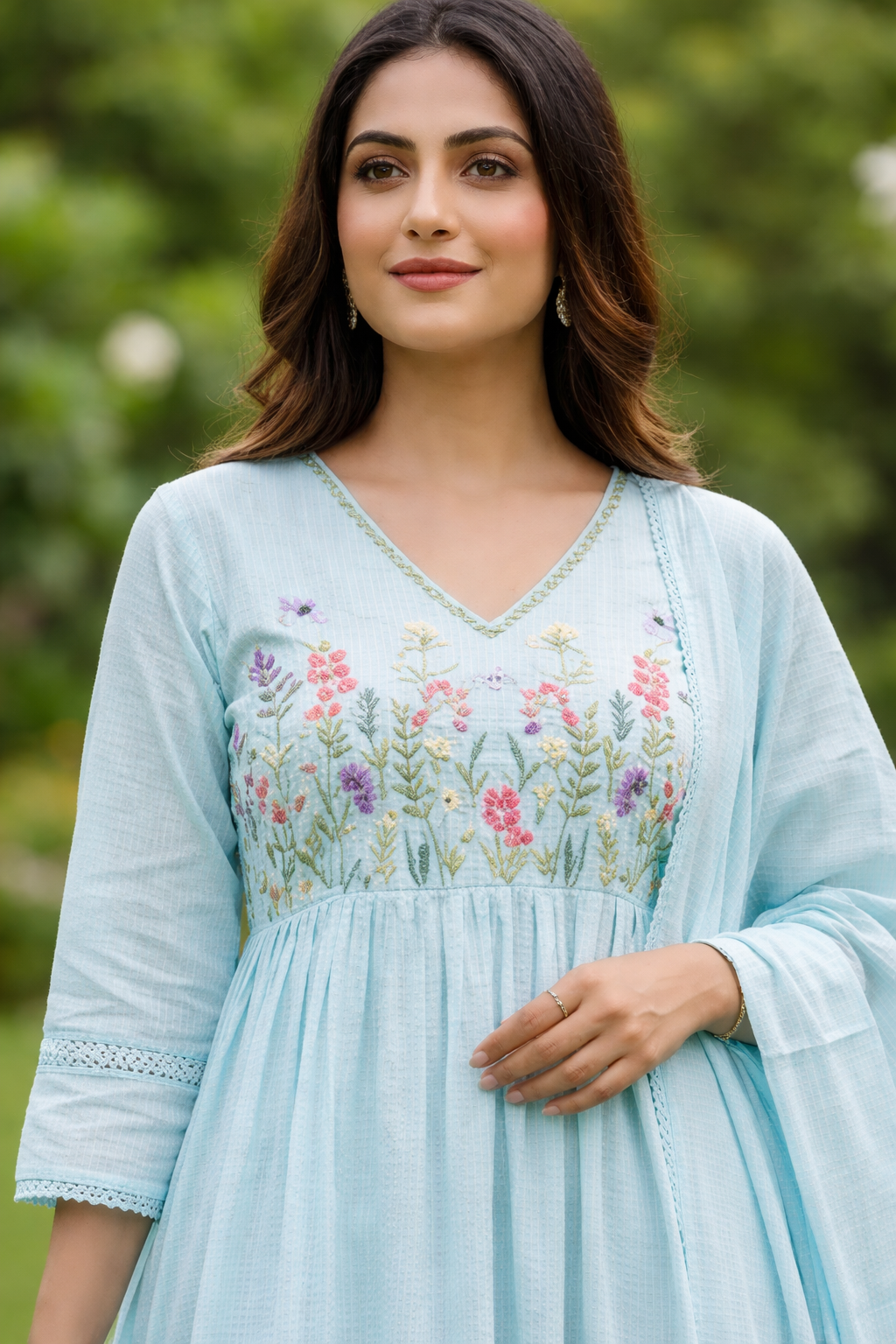 Pastel Blue malmal Embroidered Kurta pant Set with Dupatta