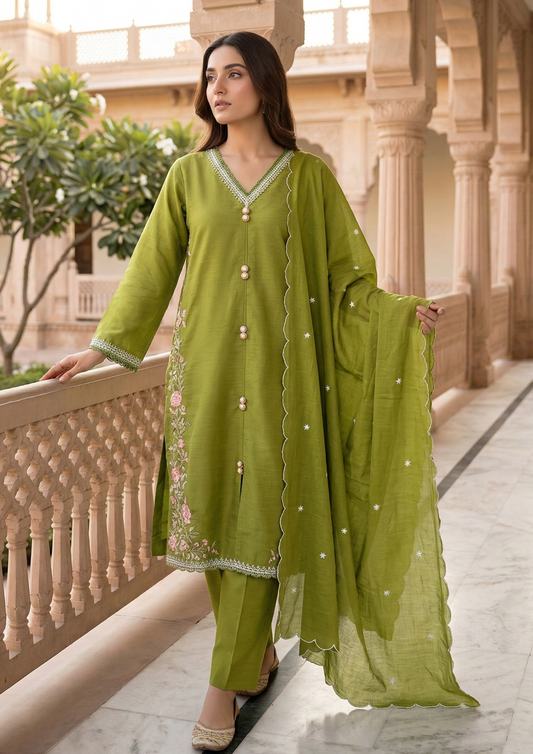 Olive Green Silk Embroidered Kurta pant Set with Dupatta
