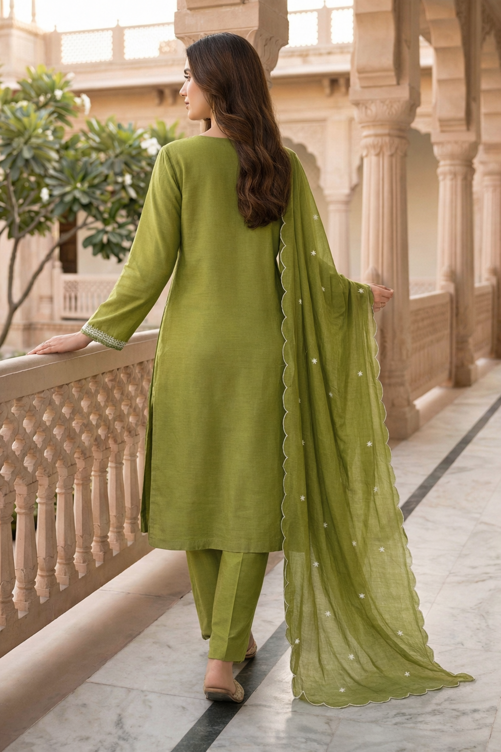 Olive Green Silk Embroidered Kurta pant Set with Dupatta