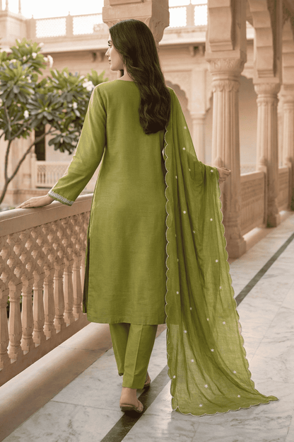 Olive Green Silk Embroidered Kurta pant Set with Dupatta