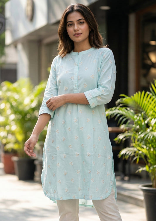 Blue Floral Embroidery Cotton Kurta