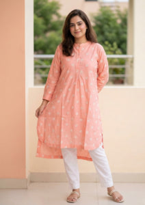 Peach Floral Embroidery Cotton Kurta