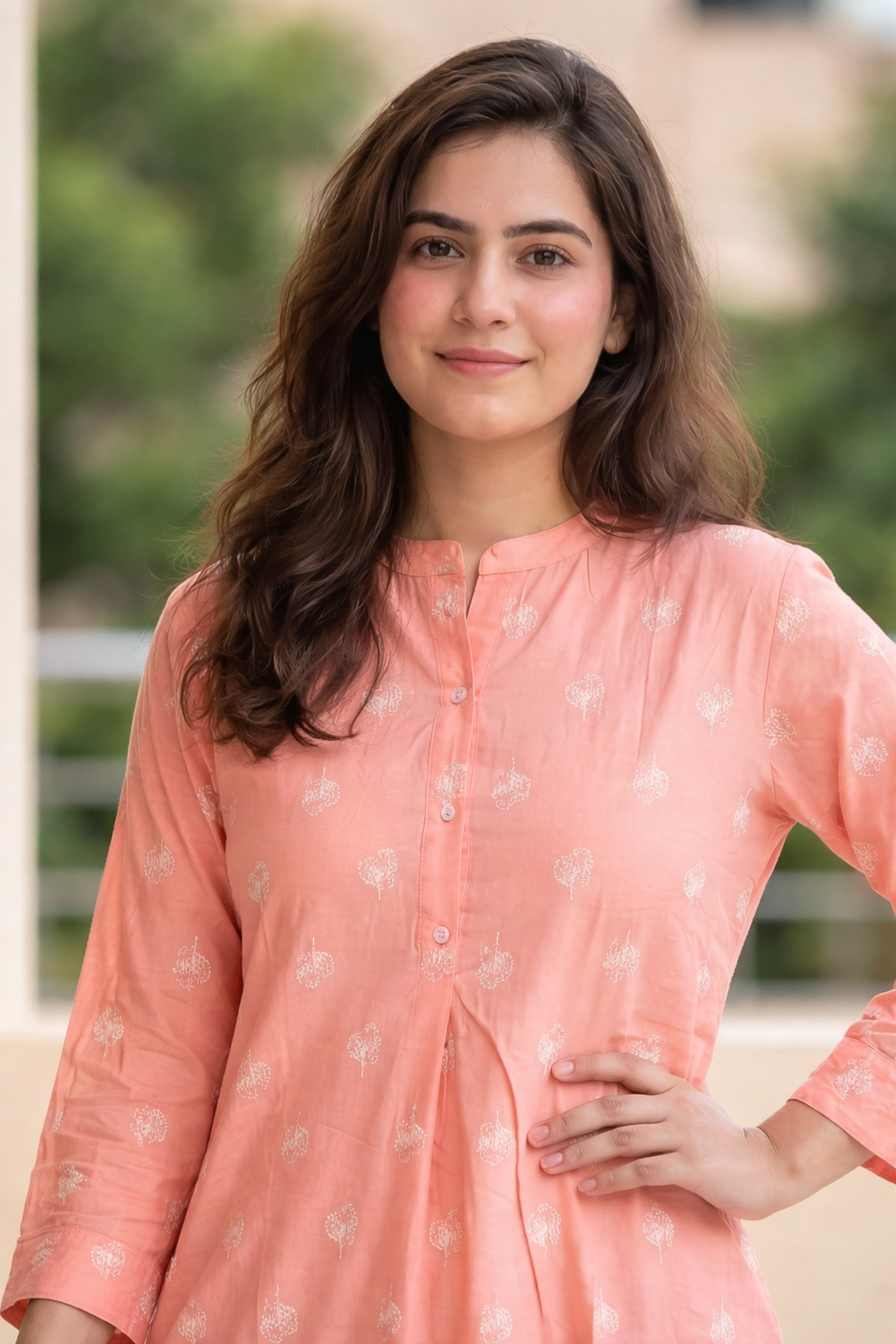Peach Floral Embroidery Cotton Kurta
