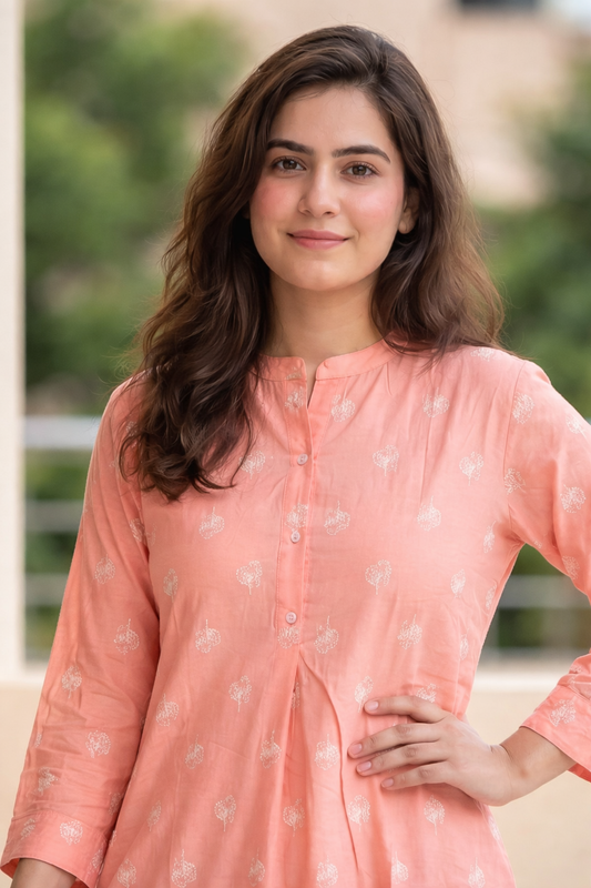 Peach Floral Embroidery Cotton Kurta