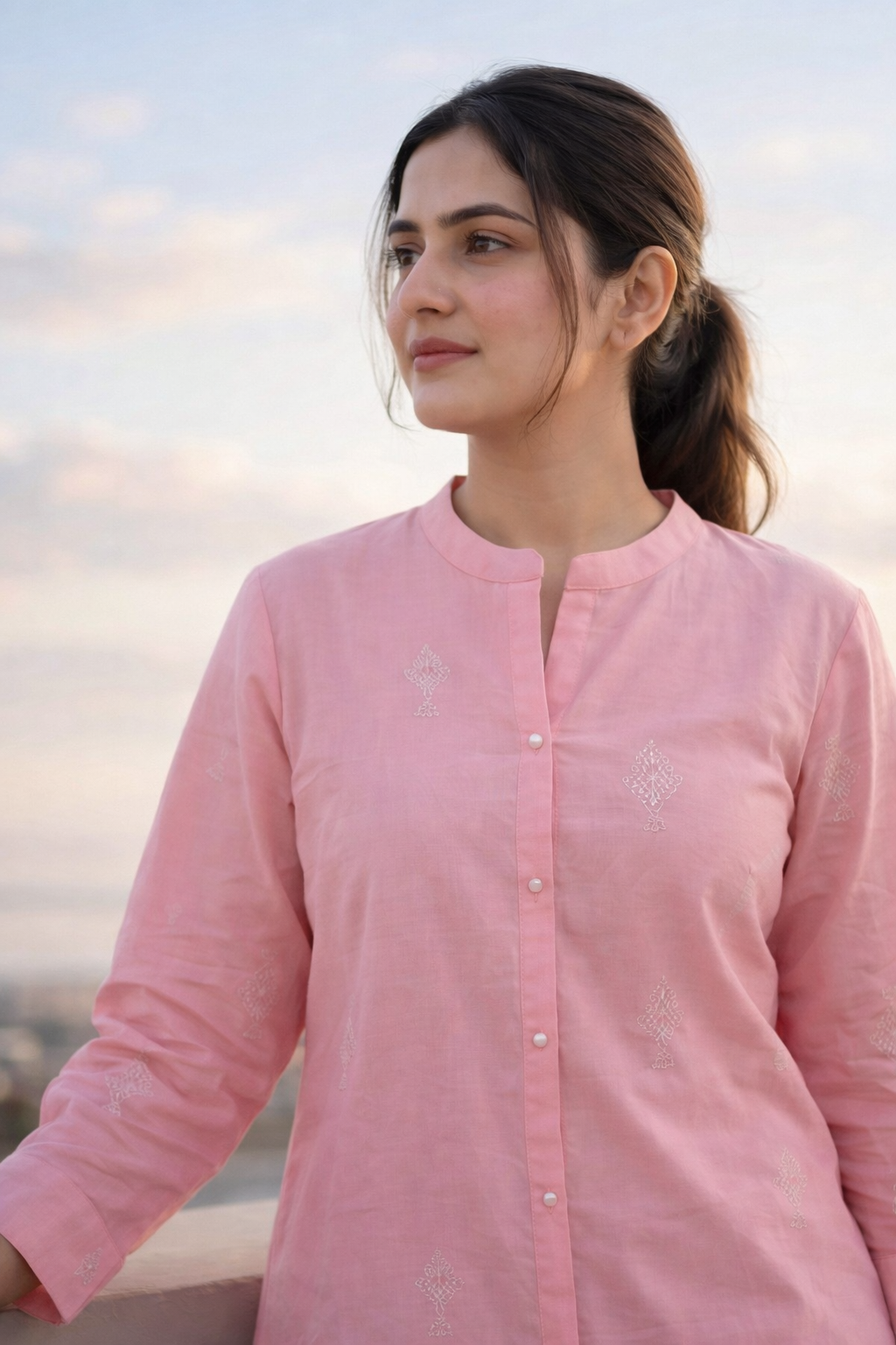 Pink Minimal Embroidery Cotton Silk Kurta