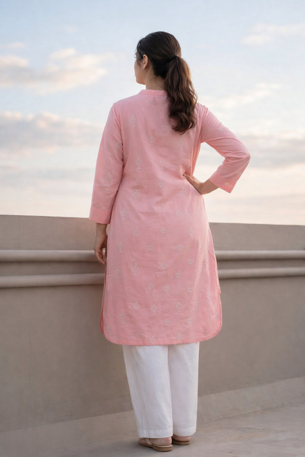 Pink Minimal Embroidery Cotton Silk Kurta