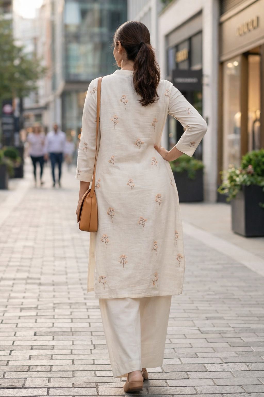 Cream  Floral Embroidery Cotton Kurta