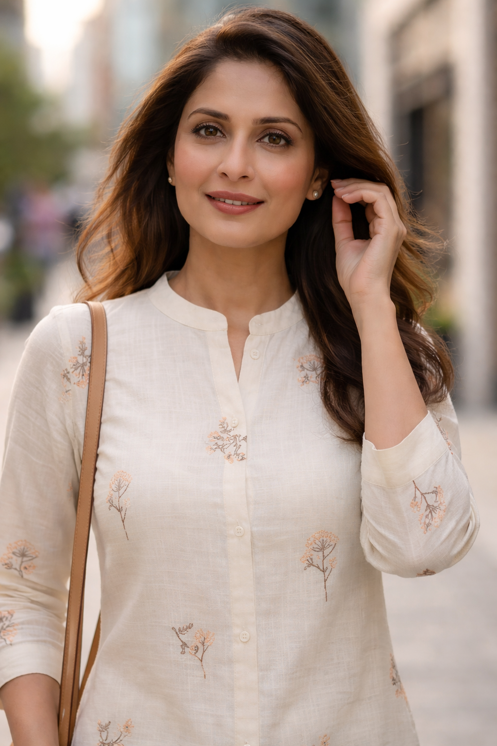 Cream  Floral Embroidery Cotton Kurta