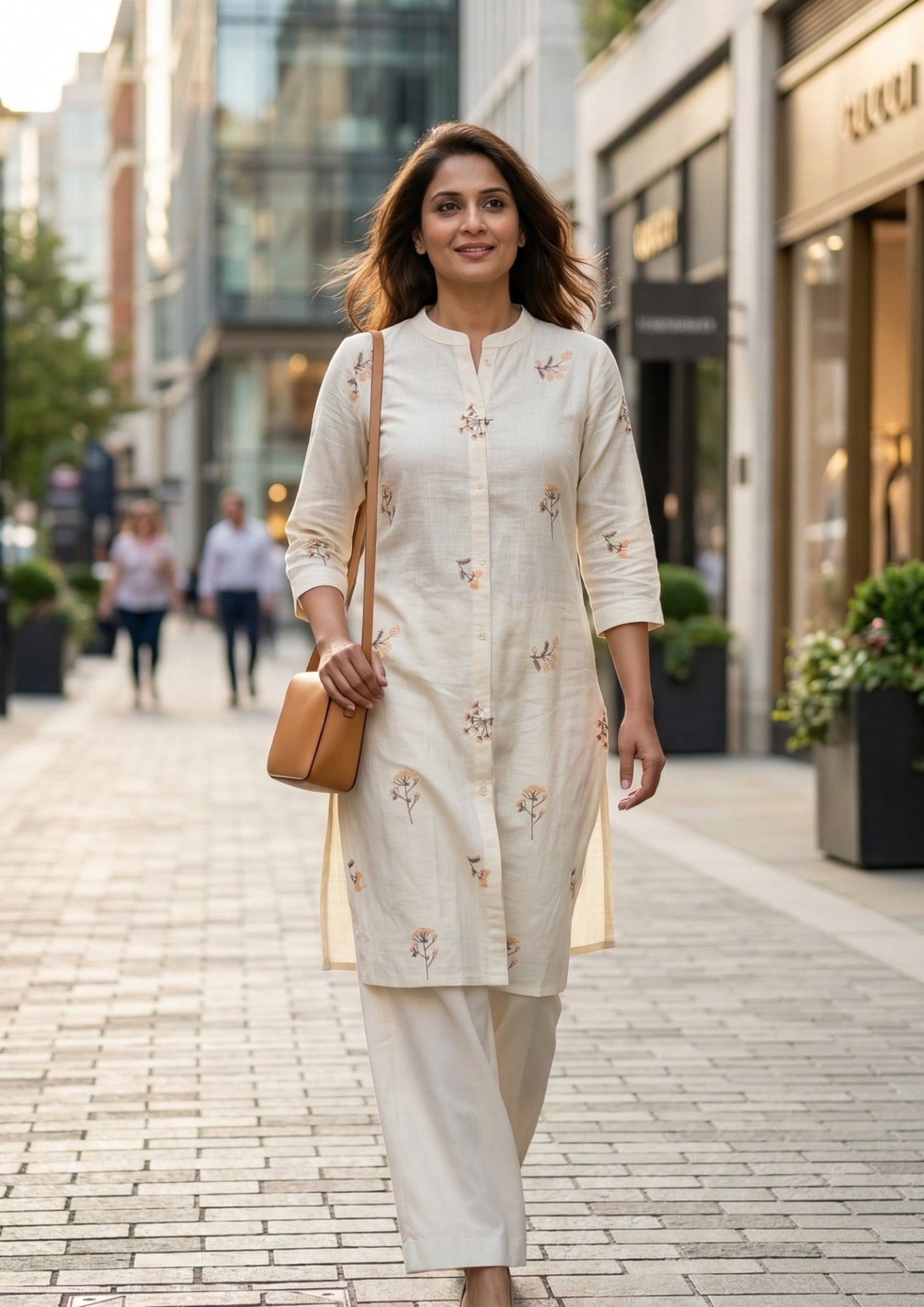 Cream  Floral Embroidery Cotton Kurta