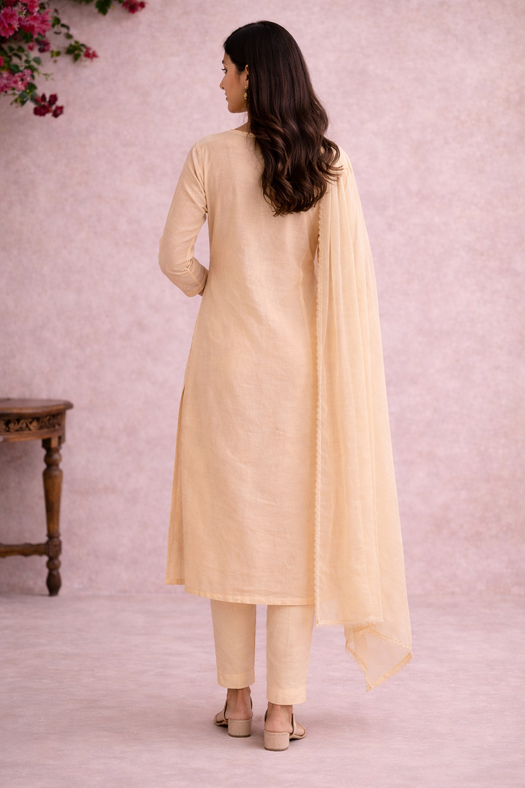 Unstitched beige linen suit set with dupatta