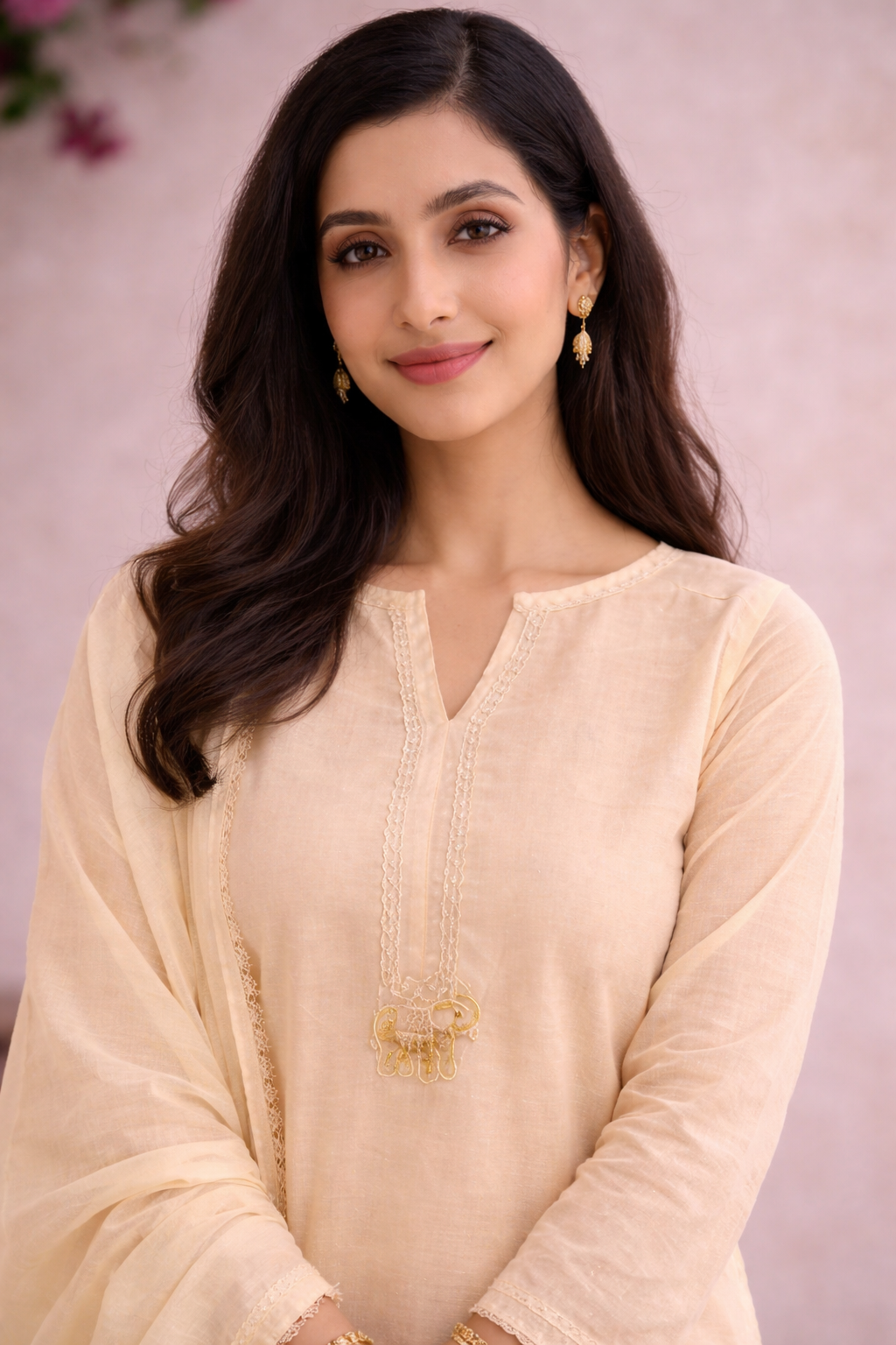Unstitched beige linen suit set with dupatta