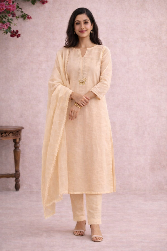 Unstitched beige linen suit set with dupatta