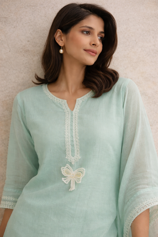 Unstitched sea green linen suit set with dupatta