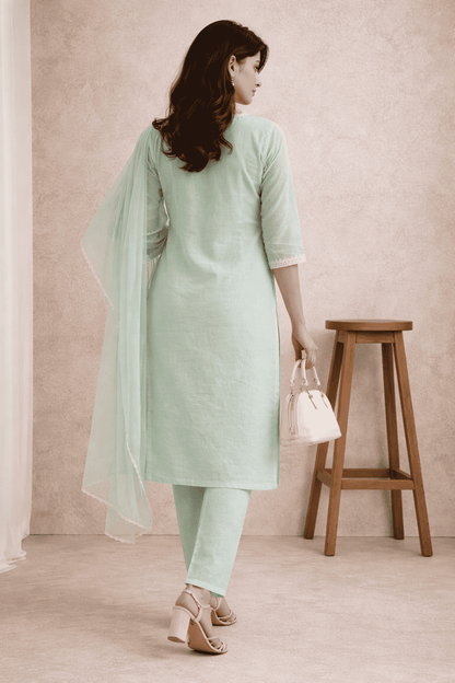 Unstitched sea green linen suit set with dupatta