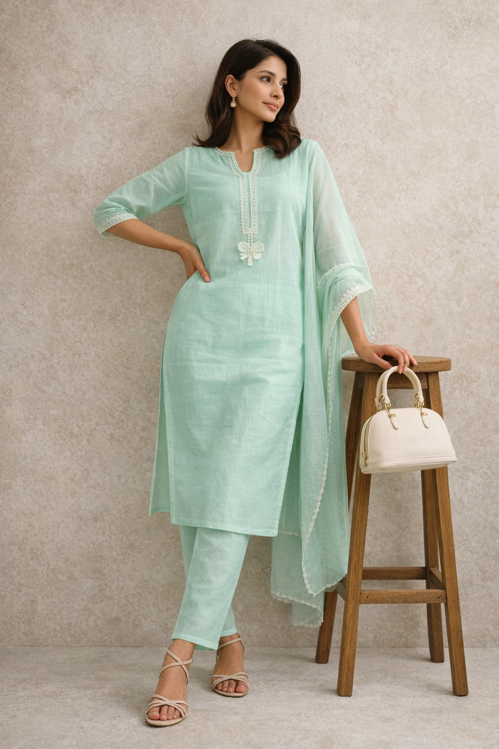Unstitched sea green linen suit set with dupatta