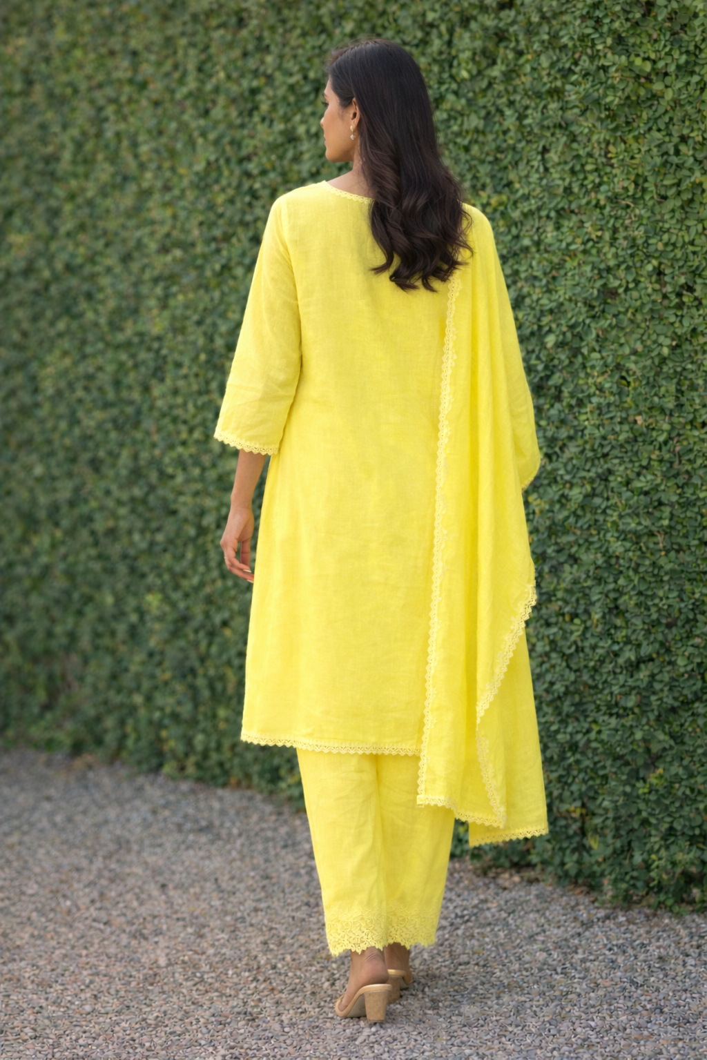 Unstitched lime linen suit set with dupatta