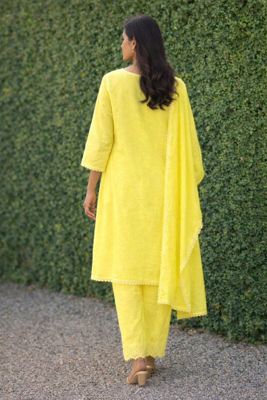Unstitched lime linen suit set with dupatta