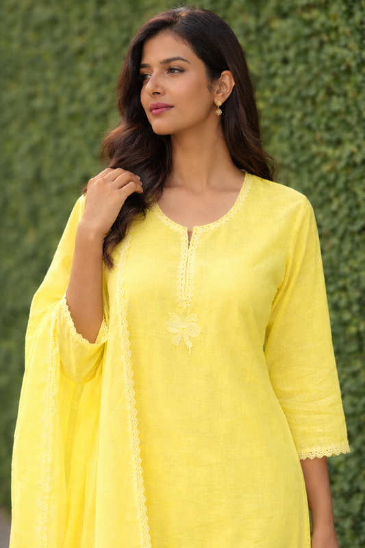 Unstitched lime linen suit set with dupatta