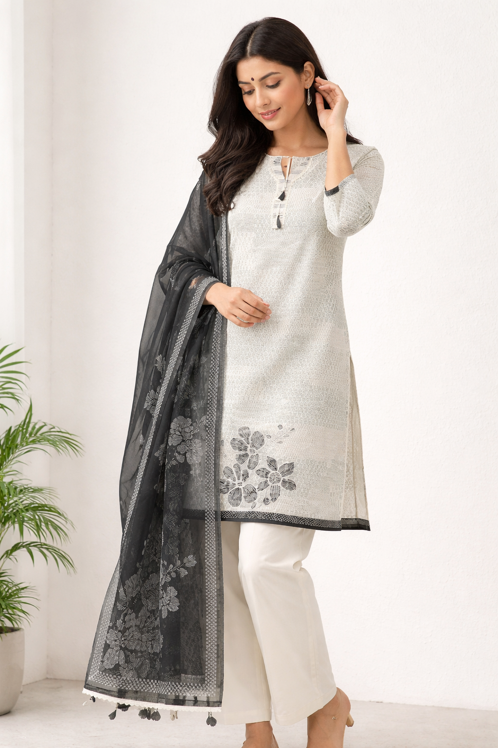Unstitched sage grey cotton floral printed suit set with charcoal black dupatta