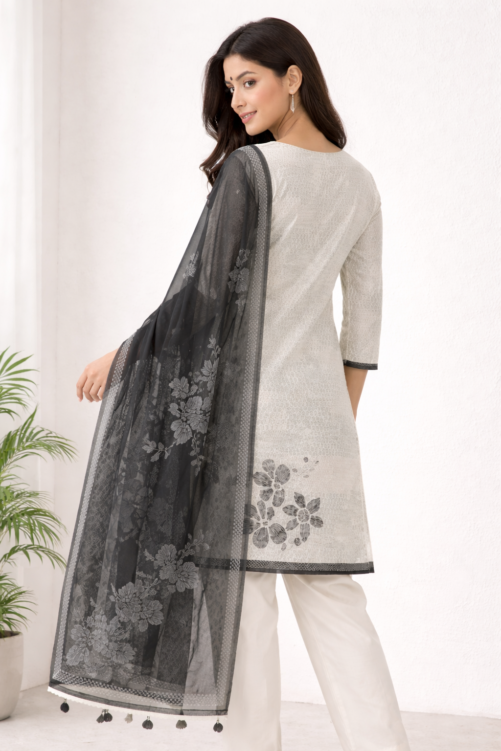 Unstitched sage grey cotton floral printed suit set with charcoal black dupatta