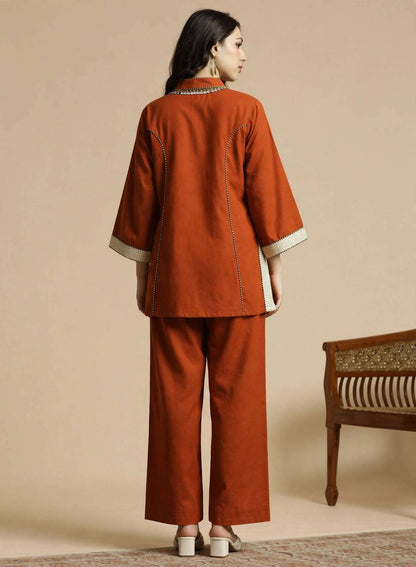Orange Embroidered Cotton Flex Co-ord Set