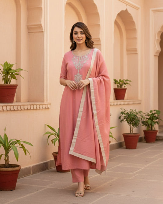 Dusty Pink Cotton Mix Embroidered  Kurta Set With Dupatta