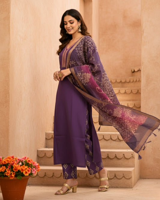 Purple Cotton Mix Kurta Set With Dupatta