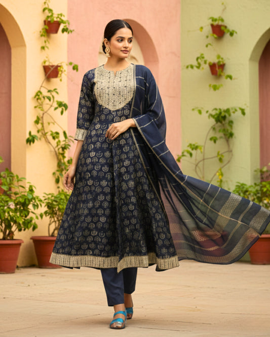 Navy Blue Printed Cotton Kurta Set With Matching Dupatta