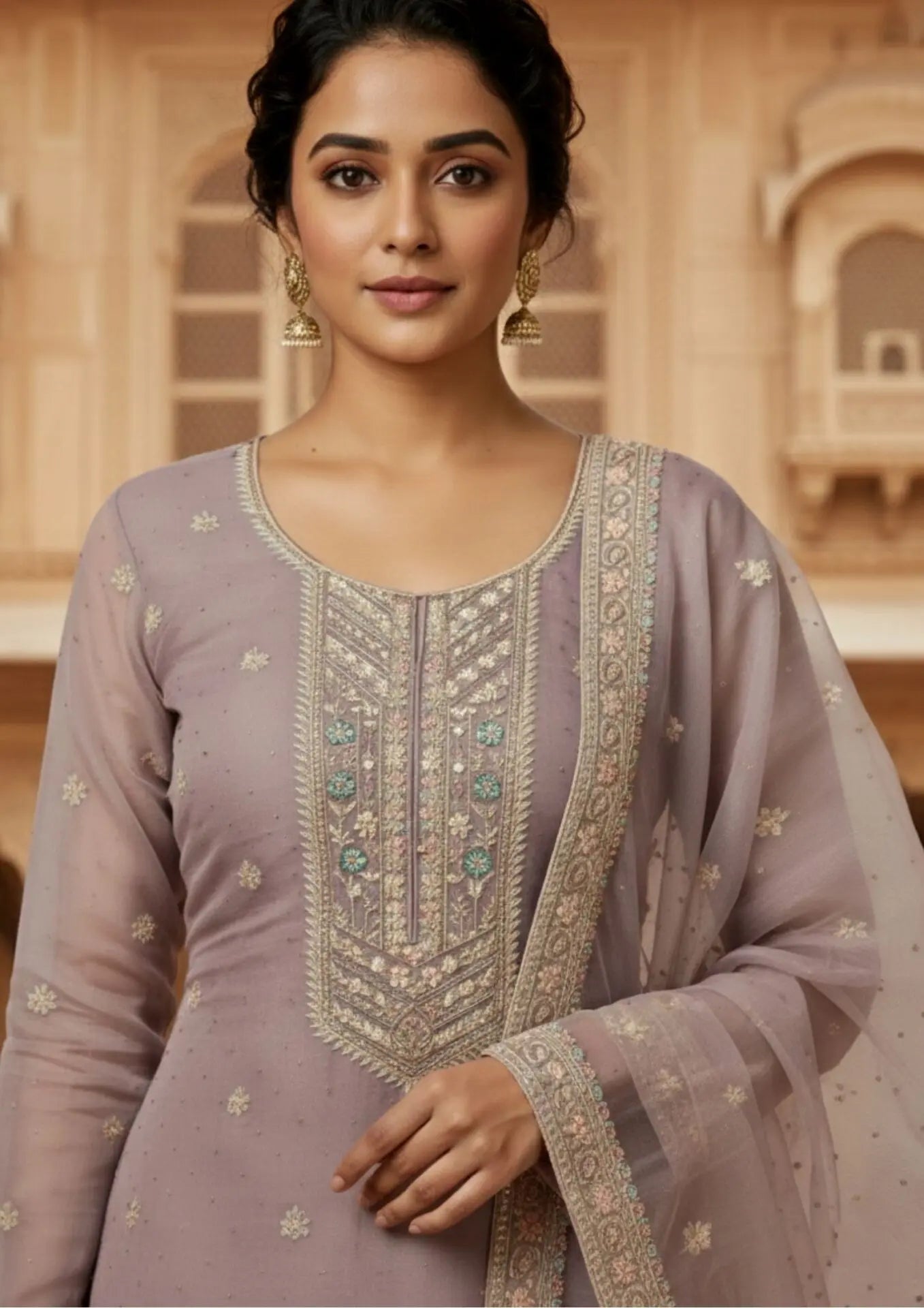 Semi Stitched Sheer Chiffon Lilac With Sequins Suit Material