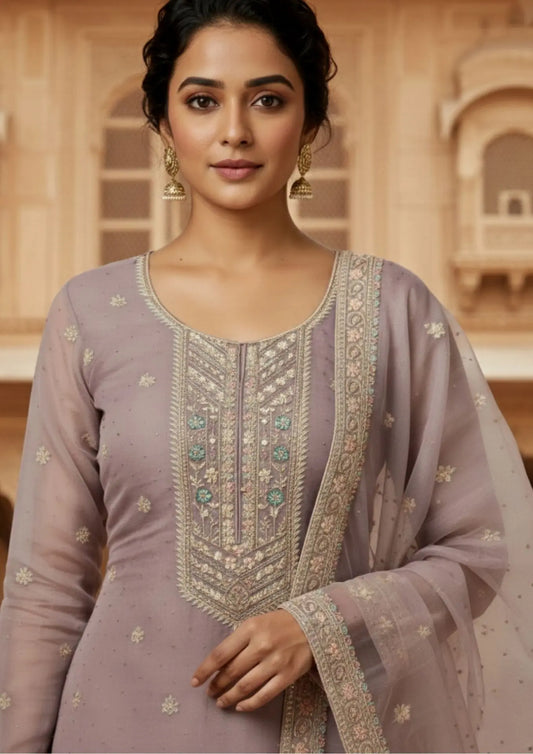 Semi Stitched Sheer Chiffon Lilac With Sequins Suit Material